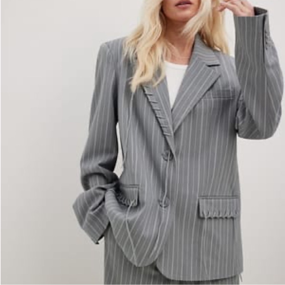 NA-KD x HANNA SCHÖNBERG Gray & White Pinstriped Lace Up Fringe Oversized Blazer